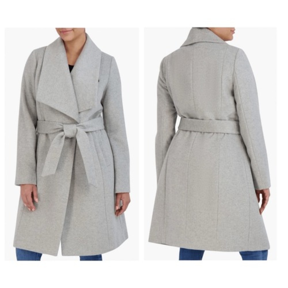 Cole Haan Signature Slick Wool Blend Wrap Shawl‎ Collar Coat, Gray, Size 14, NWT
